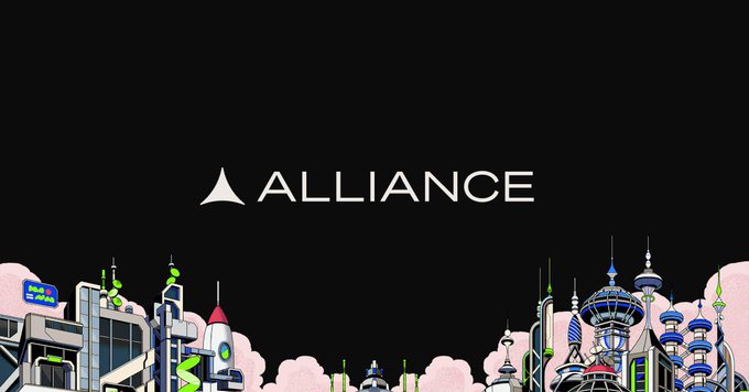 The image displays the "ALLIANCE" logo in white text against a black background, with stylized futuristic cityscapes featuring rockets, buildings, and spires at the bottom, visually representing the crypto and fintech accelerator mentioned in the post.