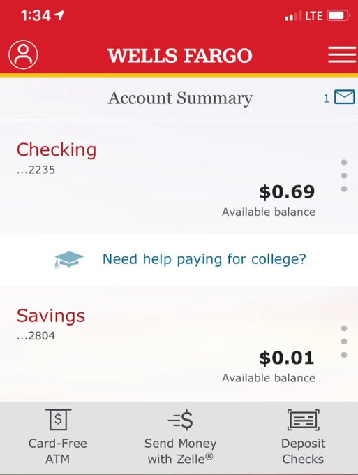 A Wells Fargo mobile banking screenshot showing an Account Summary with a Checking balance of $0.69 and a Savings balance of $0.01, along with options for Card-Free ATM, Send Money with Zelle, and Deposit Checks.