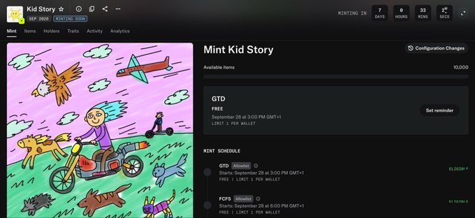 A webpage screenshot shows the 'Mint Kid Story' NFT minting interface with a hand-drawn illustration of a person on a motorcycle surrounded by animals and an airplane. The 'Available items' count shows '10,000' and includes 'MINT SCHEDULE' information indicating GTD opens 'September 28 at 3:00 PM GMT+1'.