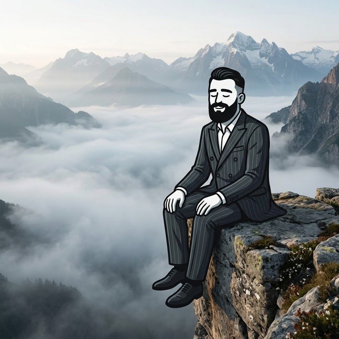 An illustrated cartoon-style image of a bearded man in a dark pinstripe suit sitting peacefully on a rocky cliff edge with closed eyes, overlooking a misty mountain valley with snow-capped peaks.