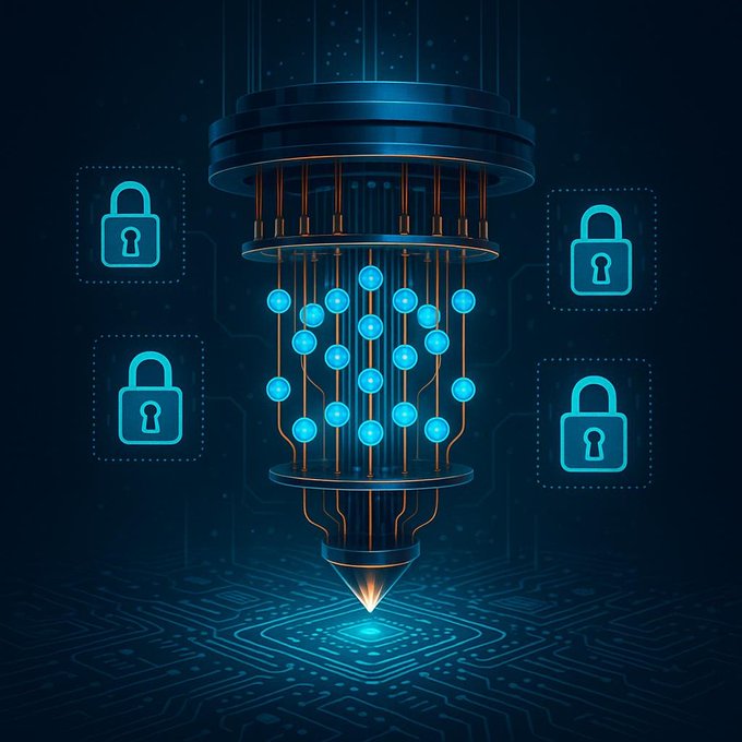 A futuristic 3D illustration of a cylindrical quantum computing device with glowing blue nodes and orange wiring descending to a pointed tip on a circuit board, flanked by four padlock icons representing security.
