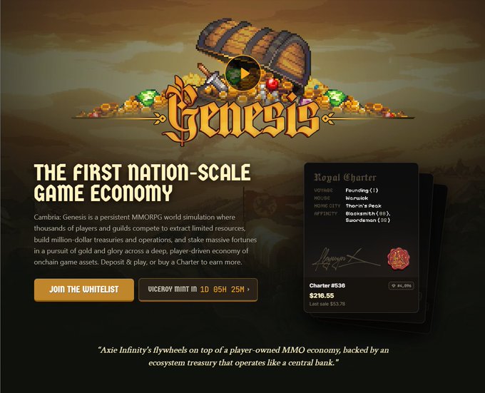 A promotional webpage for 'Genesis,' describing itself as 'The First Nation-Scale Game Economy,' featuring a treasure chest graphic and a 'Royal Charter' NFT priced at $216.55.