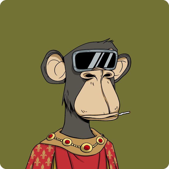 A cartoon monkey wearing VR goggles, a cigarette in its mouth, and an ornate red robe with a jeweled collar against an olive-green background.