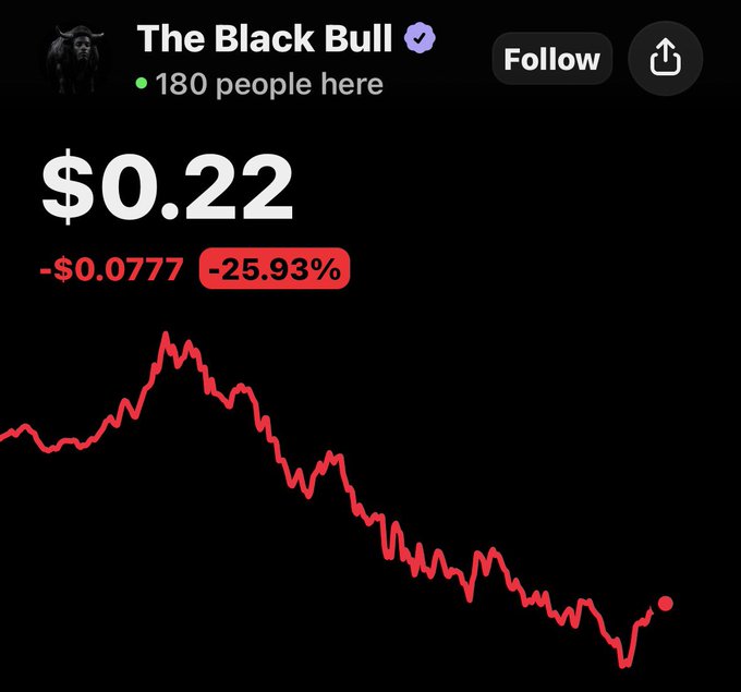 A screenshot of "The Black Bull" crypto page shows a token trading at $0.22, down -$0.0777 or -25.93%, with a red price chart displaying a sharp decline from its peak. The post reflects on the broader market dip, speculating that investors are cashing out meme coin gains—likely from the Cashcat run—to reallocate into stocks on Robinhood, while noting that the Ansem hype cycle is fading.