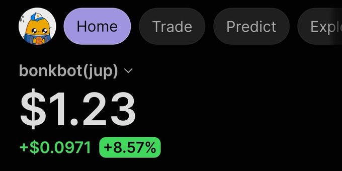 Dark-themed cryptocurrency trading interface showing 'bonkbot(jup)' with a current price of '$1.23', displaying a positive change of '+$0.0971 (+8.57%)' in green, with navigation tabs for Home, Trade, Predict, and Explore.