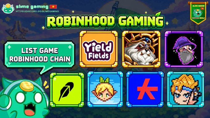 A promotional graphic for 'ROBINHOOD GAMING' on slimegaming.com features pixel-art game icons including 'Yield Fields' and a wizard, with a slime mascot in the corner.