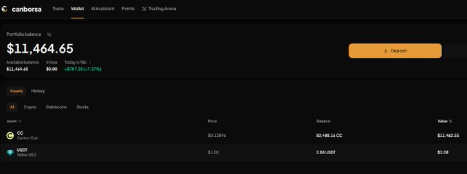 A screenshot of a cryptocurrency portfolio on the Canborsa platform showing a balance of $11,464.65, with assets including $CC (Canton Coin) and tetherUS.