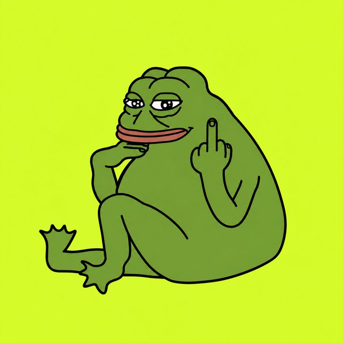 An illustration of Pepe the Frog making an obscene gesture against a bright lime-green background.