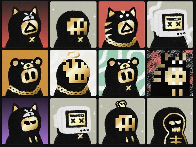 A 4x3 grid of pixel-art style illustrations features bears, cats, and figures with golden pixelated faces and chains against various colorful backgrounds.