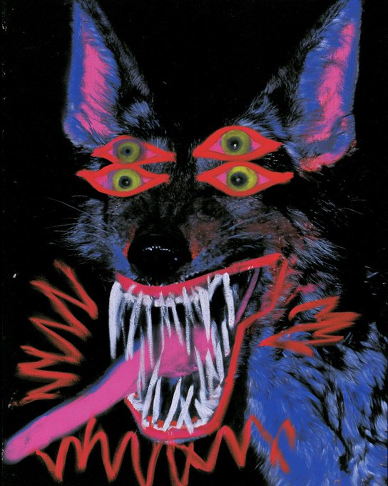 A dark, stylized artwork of a wolf or dog head with glowing yellow-green eyes, sharp bared teeth, and pink and blue accents against a black background.