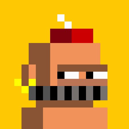 A pixel-art character with a brown helmet, white pixel eyes, and a grey mustache on a solid yellow background.