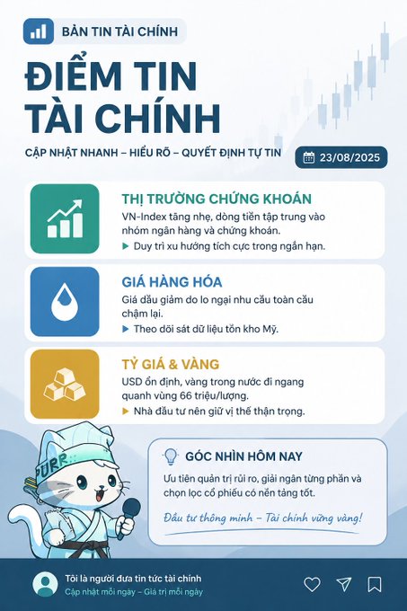 A Vietnamese financial news graphic titled 'ĐIỂM TIN TÀI CHÍNH' dated 23/08/2025, featuring sections on the stock market, commodity prices, and exchange rates with a cartoon 'FURR.' cat mascot.