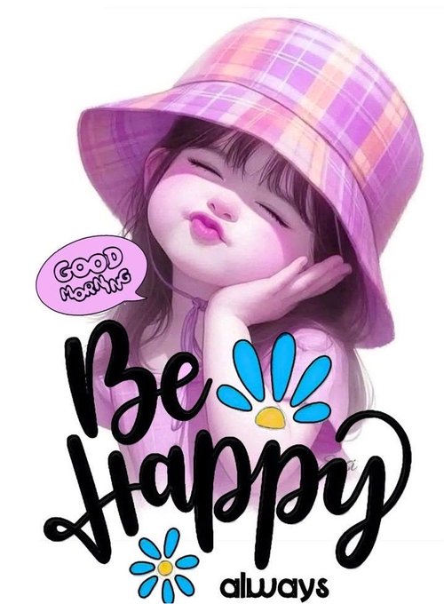 An illustrated girl in a pink plaid bucket hat rests her chin on her hand with her eyes closed, accompanied by the text 'Good Morning' in a speech bubble and 'Be Happy always' below.