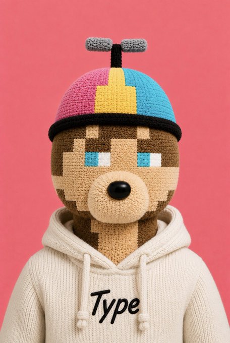 A 3D rendered character wearing a knitted Minecraft Steve-style hat with a propeller on top and a cream-colored hoodie labeled 'Type' against a pink background.