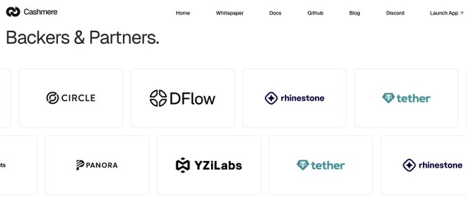 The Cashmere website's 'Backers & Partners' section displaying logos of partners including Circle, DFlow, Rhinestone, Tether, Panora, and YZiLabs.