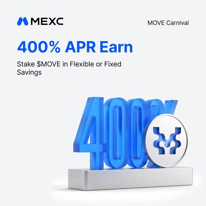 MEXC promotion for its MOVE Carnival campaign, featuring a 3D "400%" graphic with a MOVE token coin, advertising up to 400% APR for staking $MOVE in Flexible or Fixed Savings.