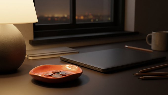 A warmly lit desk at night with a closed laptop, pencils, notebooks, a mug, and a small orange dish containing coins.