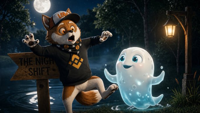 A digital illustration of an anthropomorphic fox wearing a 'LORD' cap and black hoodie, appearing startled next to a cute blue ghost near a wooden sign that reads 'THE NIGHT SHIFT' by a moonlit pond.