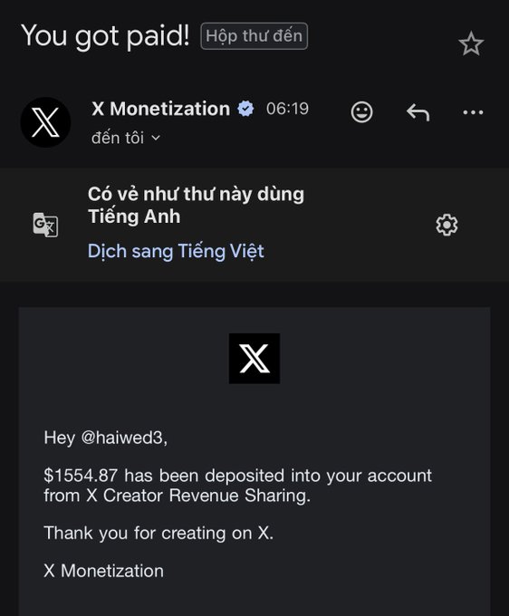 An email notification from X Monetization reads: '$1554.87 has been deposited into your account from X Creator Revenue Sharing. Thank you for creating on X.'