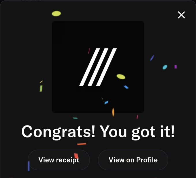 A digital celebration screen displays a logo with three white slashes and the text 'Congrats! You got it!' along with buttons to 'View receipt' and 'View on Profile,' accompanied by falling confetti.