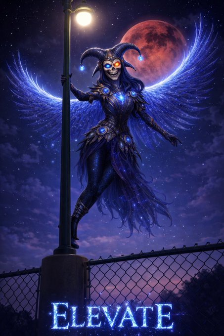 The image features a woman dressed as a fairy with wings, standing next to a street lamp. The background of the image shows a night sky filled with stars. There are also some words written below the woman that read "ELATE".