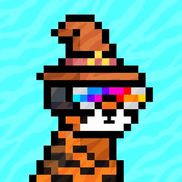 A pixel art illustration of a cat wearing a brown witch's hat and colorful striped glasses against a wavy blue background.