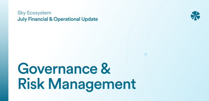 A presentation slide titled 'Sky Ecosystem July Financial & Operational Update' focusing on 'Governance & Risk Management' with a blue color scheme.