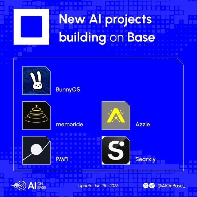 The image features a blue square with white text, which reads "New AI projects building on Base @officialbunnyos - bunnyEX turns onchain actions into a social market, where humans and agents can package and monetize execution. @memorideai - memory context system for agents that need cleaner recall across longer workflows. @AzzleAI - task". The image also includes five different icons representing various AI projects or companies related to the post's content.