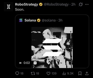Tweet from RoboStrategy (@RoboStrategy) teasing 'Soon.' while quoting a Solana (@solana) post featuring a stylized image of a character.