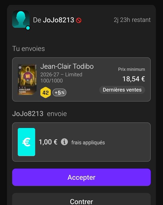A Sorare trade negotiation screen shows user "De JoJo8213" offering a Jean-Clair Todibo 2026-27 Limited card (rating 42) with a minimum price of €18.54, while counter-offering with just €1.00 plus applied fees. The image illustrates the post's warning about lowball offers on Sorare, highlighting how new traders may attempt to exploit players by offering unfairly low sums for valuable limited edition cards.