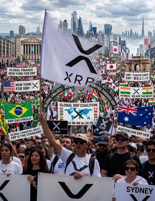 This image depicts a large crowd with numerous XRP flags and banners, including those for "New York for XRP," "Global XRP Coalition," "XRP Sao Paulo," and "Australian XRP Hub." This visually aligns with the post's theme of accumulating XRP and other cryptocurrencies for future gains.