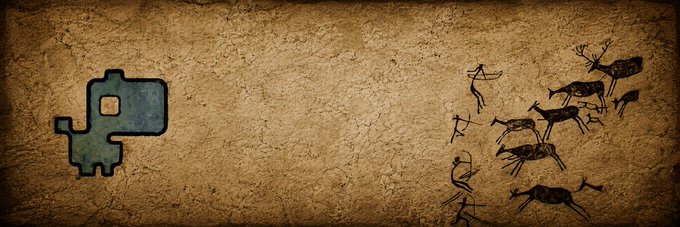 The image shows a prehistoric cave painting-style banner on a textured stone background, featuring a green humanoid figure on the left facing a group of dark, running dinosaur-like creatures on the right. This scene visually represents the ticker symbol "DINO" for the Base token, evoking the era when humans and dinosaurs coexisted.