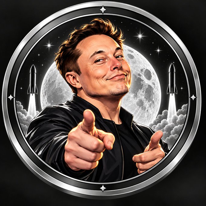 An illustrated portrait of Elon Musk smiling and pointing at the viewer, framed within a circular emblem featuring the moon and two launching rockets.