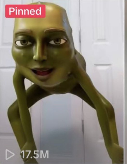 A video thumbnail marked 'Pinned' showing a bizarre humanoid figure with greenish skin, large eyes, and limbs bent backwards against a white door, with 17.5M views.