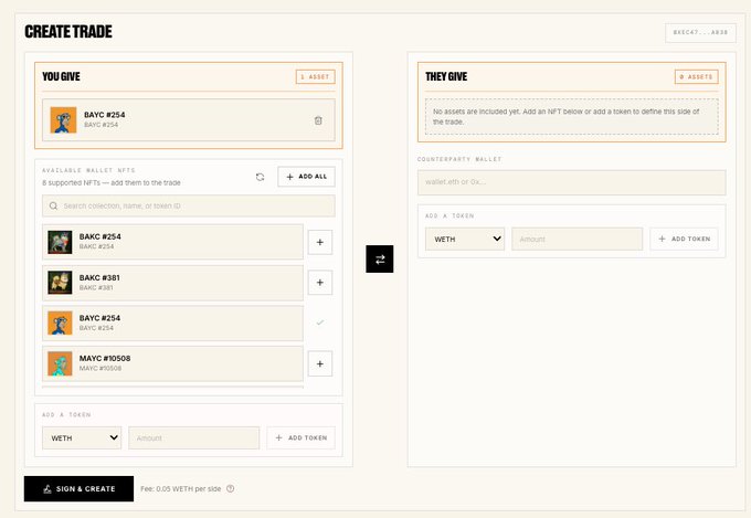 A 'CREATE TRADE' interface displays a list of available wallet NFTs such as 'BAYC #254' and 'BAKC #254' under the 'YOU GIVE' section, with a 'THEY GIVE' section on the right for counterparty assets.