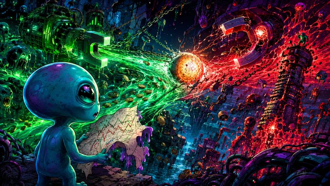 A vibrant piece of digital fantasy artwork depicting a small teal alien observing a cosmic battle between green and red energy beams clashing with a fiery planet in a chaotic, mechanical landscape.