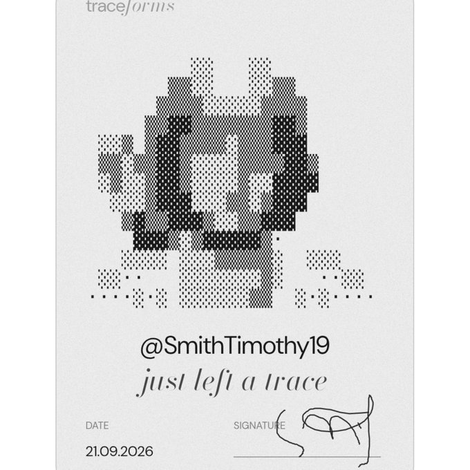 A digital certificate titled 'trace/forms' featuring a pixelated black-and-white face design, credited to '@SmithTimothy19' with the phrase 'just left a trace' and dated 21.09.2026.