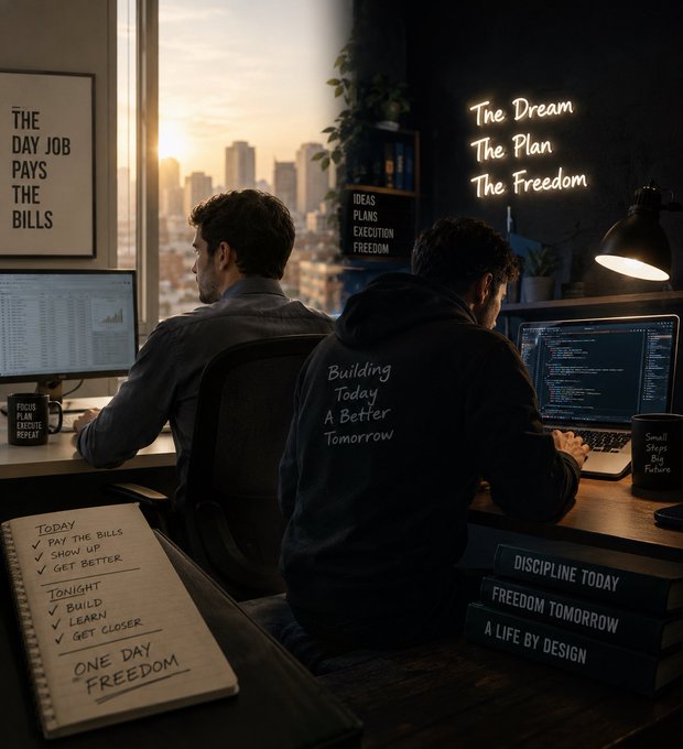 Two men work at computer desks facing a sunset city view; one wears a shirt reading 'Building Today A Better Tomorrow', surrounded by motivational text like 'THE DAY JOB PAYS THE BILLS', 'The Dream The Plan The Freedom', 'DISCIPLINE TODAY', and a checklist headed 'ONE DAY FREEDOM'.