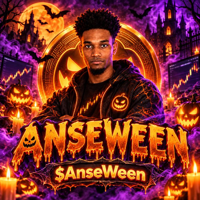 A stylized Halloween-themed digital artwork featuring a young man in a dark jacket against an orange jack-o-lantern background with bats and purple smoke, branded 'ANSEWEEN' with the token '$AnseWeen'.