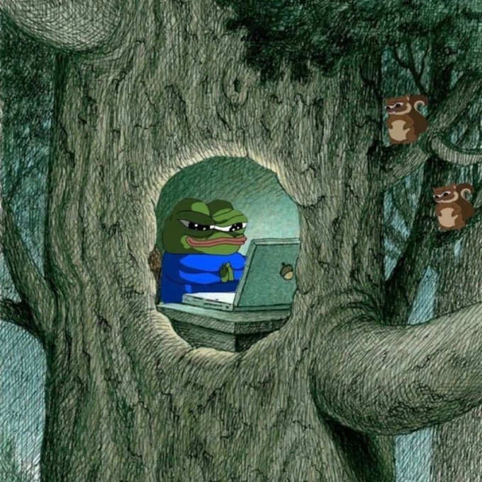 An illustration of a Pepe the Frog character in a blue hoodie sitting inside a tree hollow using an Apple laptop, while two small brown creatures watch from branches.