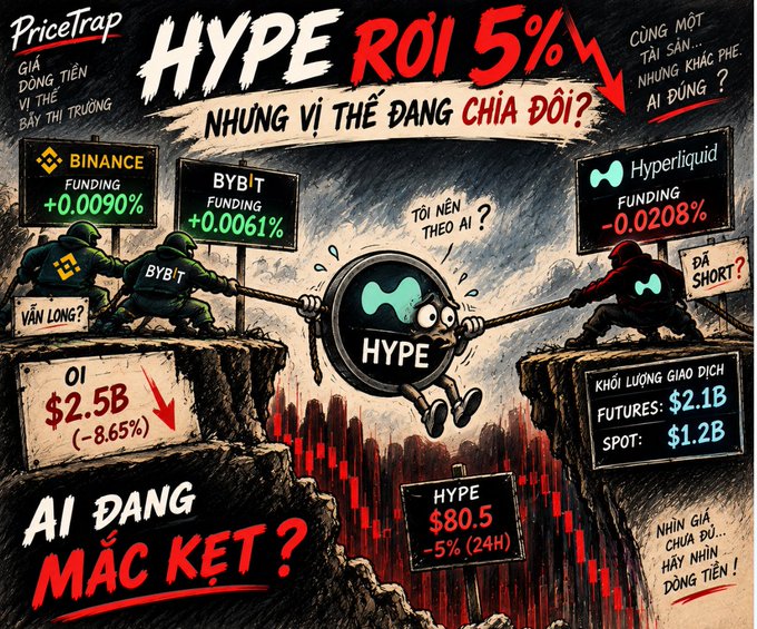 An infographic titled 'HYPE RƠI 5%' analyzing the HYPE token, showing funding rates from Binance (+0.0090%), Bybit (+0.0061%), and Hyperliquid (-0.0208%), noting a 5% price drop to $80.5 and trading volumes.