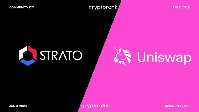 The image shows a banner for an ICO called "Uniswap", which involves cryptocurrencies, a unicorn and two companies named "@strato_net" and "@cryptorank". The banner has a gradient background with a pink section at the top displaying the word "Uniswap" in white letters. On the right side of the image, there is another pink section featuring an illustration of a unicorn logo accompanied by the words "Cryptorank" in black letters. The text on the banner explains that this ICO is launching on June 3rd and features two companies named "@strato_net", which are part of the cryptocurrency community, and "@cryptorank".