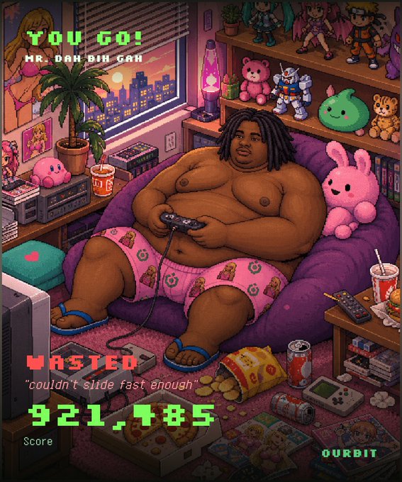 A pixel art illustration of a large shirtless man with dreadlocks playing video games on a couch, styled like a 'Wasted' video game screen with 'YOU GO! MR. DAH BIN GAH', score '921,485', and 'OURBIT' branding.