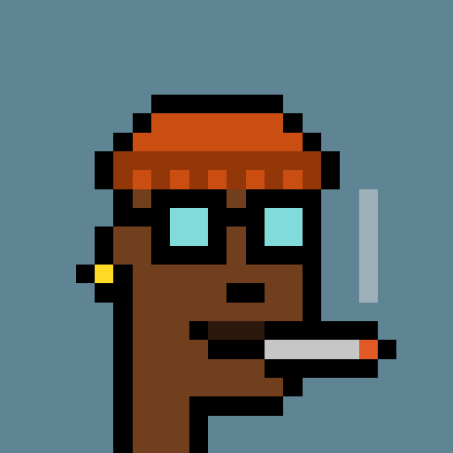 A pixel art image depicts a brown-skinned character wearing an orange beanie and glasses, smoking a cigarette against a blue background.