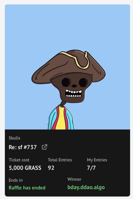 The image features a cartoon character wearing a hat, possibly a pirate hat, standing against a blue sky background. The caption of the image includes information about a raffle that has been won by someone named @mheepow. This person is celebrating their birthday with a unique and fun experience at a raffle event.