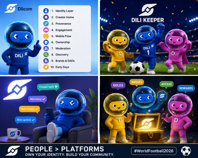 A promotional graphic for 'Dilicom' featuring blue, yellow, and pink astronaut mascot characters under the heading 'DILI KEEPER,' with a numbered list (Identity Layer, Creator Home, Provenance, Engagement, Mobile Flow, Ownership, Moderation, Discovery, Brands & DAOs, Early Days) and the tagline 'PEOPLE > PLATFORMS — OWN YOUR IDENTITY. BUILD YOUR COMMUNITY. #WorldFootball2026'.