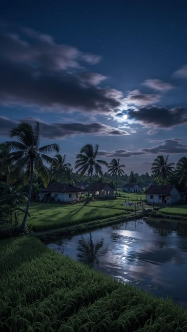 The image features a beautiful tropical scene with a full moon illuminating the sky above a body of water, possibly a lake or pond. The water appears calm under the moonlight, reflecting its glow. In the foreground, there are several palm trees scattered around, adding to the tropical ambiance. A house can be seen in the background, blending harmoniously into the natural surroundings. The image also contains text that reads "Good night, X fam! No noise, just pure building." and "@XOOBNetwork" and "@useTria," which may be related to a social media post or an advertisement for a property listing service.