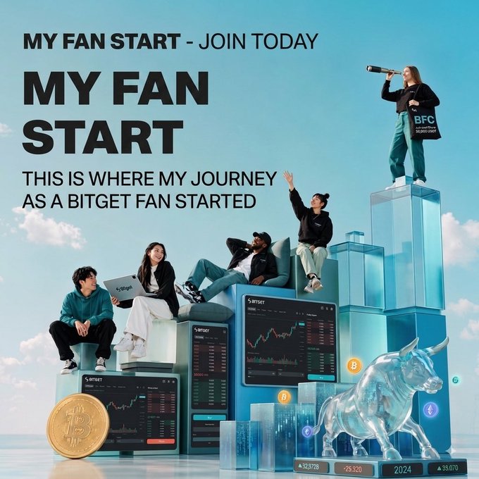A promotional banner reading 'MY FAN START - JOIN TODAY' and 'MY FAN START THIS IS WHERE MY JOURNEY AS A BITGET FAN STARTED' features people on blue platforms alongside trading screens, a Bitcoin, and a bull statue.