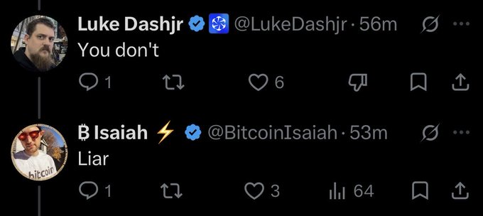 This image shows a Twitter exchange where B Isaiah calls Luke Dashjr a "Liar" in response to Dashjr's tweet "You don't". The post's text "New achievement unlocked: Call Luke Dashjr a liar" directly references this interaction.