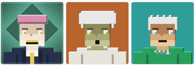 Three pixel-art character portraits in Minecraft style, featuring figures with distinct headwear and clothing in green, orange, and teal backgrounds.